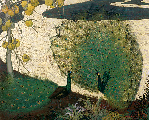 Jessie Arms Botke, “Black Peacocks with Japanese Persimmons“