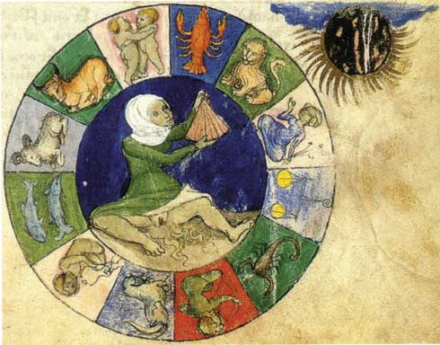 Image from Aurora Consurgens, a woman bleeds within a zodiac circle