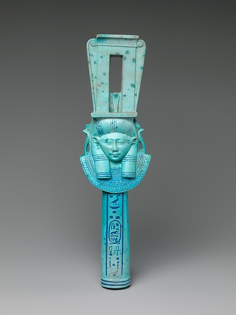 Faience Sistrum Inscribed with the Name of Ptolemy I, via http://www.metmuseum.org/collection/the-collection-online/search/546038