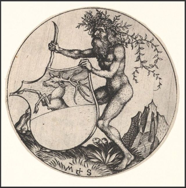 Martin Schongauer (German, c, 1435/50-1491), Shield with Stag Held by Wild Man. Engraving. Metropolitan Museum of Art, New York