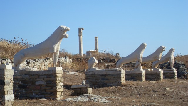 Delos temple, white lions, via Wikipedia