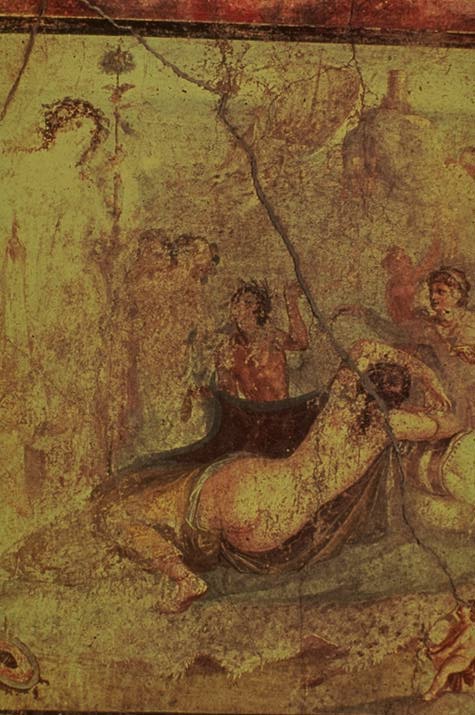 Dionysos surprising the sleeping Ariadne; Pompeian wall painting (House of the Vetti)